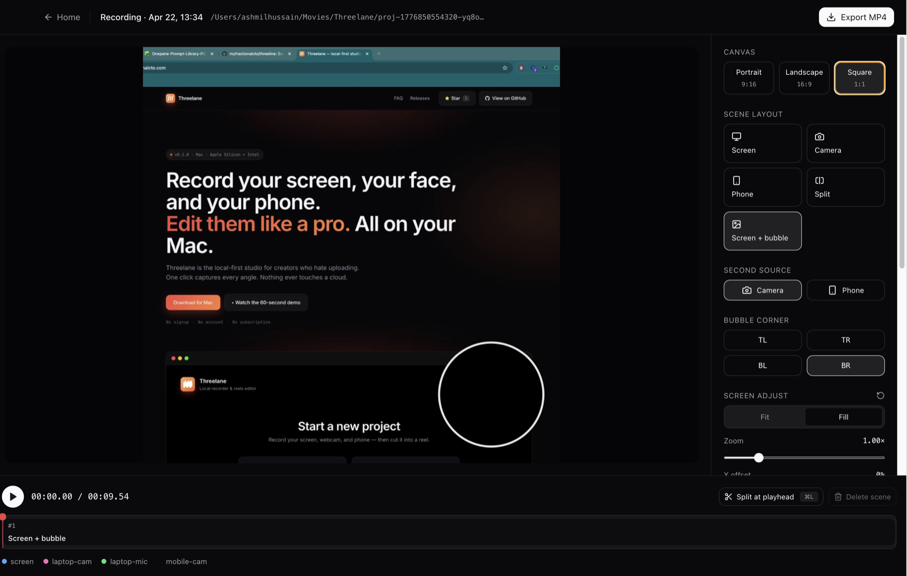 Multi-track editor with scene splits and live preview